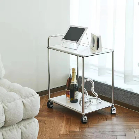 Mid-century Stainless Steel Rolling Cart Multi Tier Wheeled Storage Sofa Side Table