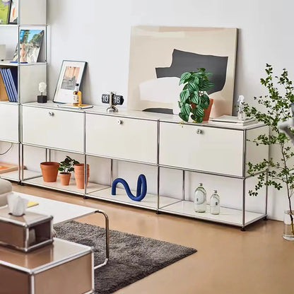 Vintage Modular Stainless Steel TV Stand with Large Storage Space