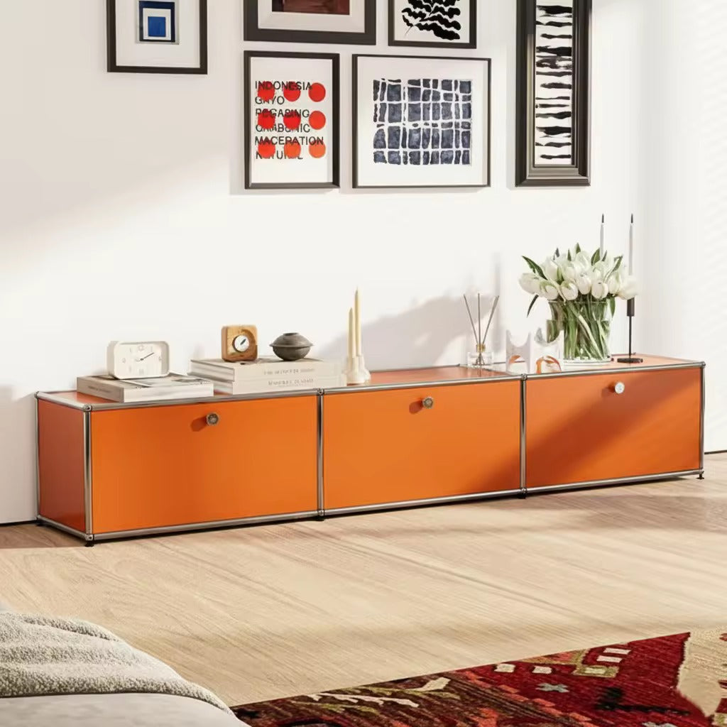 Vintage Modular Stainless Steel TV Stand with Large Storage Space