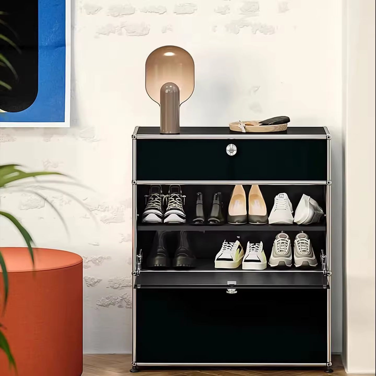 Mid-century Stainless Steel Modular Shoe Cabinet Pull-out Drawer Entryway Storage Wardrobe
