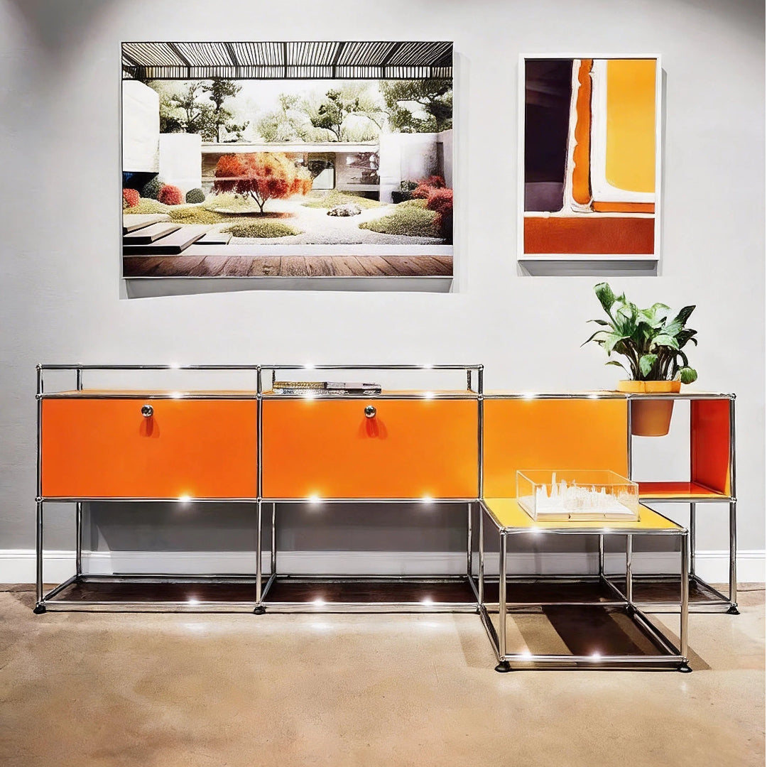 Vintage Modular Stainless Steel Sideboard Lockable Drawer TV Stand Nightstand Buffet Storage Cabinet
